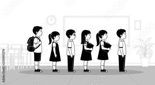 Quadro su tela Diverse students in school uniforms lining up in a classroom, line art illustration