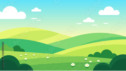 Green hills landscape with flowers and clear sky illustration