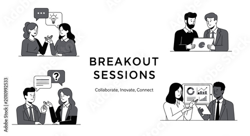 Breakout sessions concept with business people collaborating in small groups.