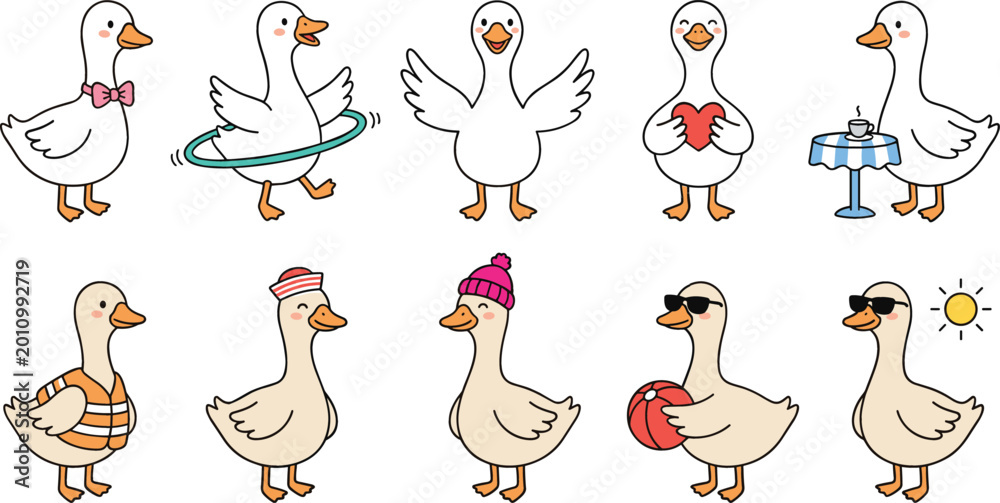 Obraz premium Cute goose characters collection with funny poses accessories and seasonal activities cartoon vector illustration isolated on background