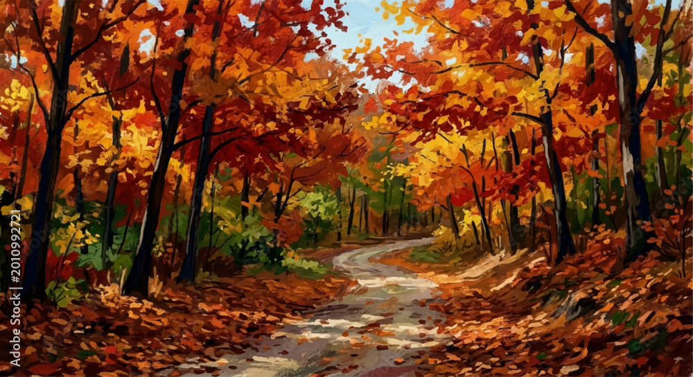 Obraz premium Autumn forest path with colorful fall foliage landscape painting