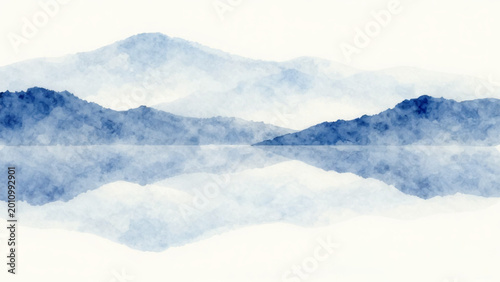 Minimal watercolor mountain landscape with lake reflection