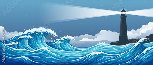 Stormy ocean waves with lighthouse at night seascape illustration