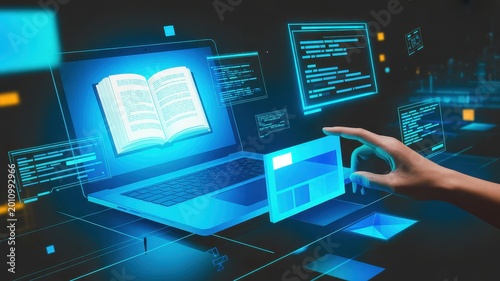 Digital technology concept with virtual book on laptop screen and interactive interface