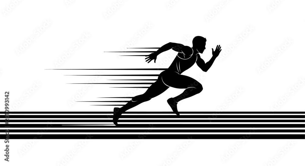 Fototapeta premium Sprinting athlete silhouette on running track. Professional runner in high speed motion with trail lines. Black and white vector illustration of a male sprinter, sports competition, and fast success c