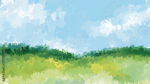 Fotografía Green meadow landscape with blue sky watercolor illustration