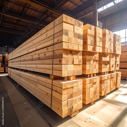 Stack of lumber in warehouse storage.