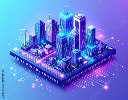 Futuristic Smart City Microchip Concept Showing Digital Cityscape, Technology Network and Connected Infrastructure