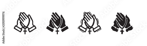 Photos Four black and white icons of praying hands with rosary beads, two outlines and two filled in