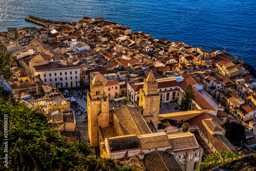 Historic Cefalù and cathedral from La Rocca, Sicily, Italy, above the Tyrrhenian Sea.