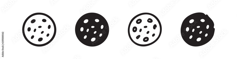 Obraz premium Cookie icons with chocolate chips: outline, filled, and irregular.