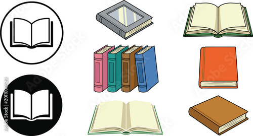 Photos Book icon and hardcover illustration collection with open books for education li