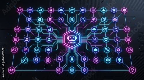 Centralized Artificial Intelligence Agent Orchestrating a Vast Digital Network, Connecting Secure Data Points for Advanced Information Management and Technological Innovation