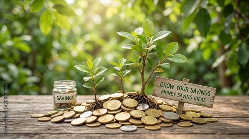 Small trees grow from coins on wooden table with savings jar and sign