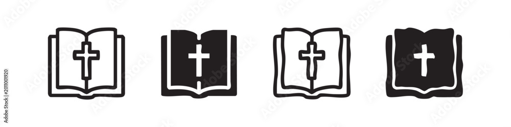 Fototapeta premium Holy Bible open book with cross religious icons hand drawn doodle set