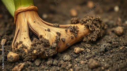 kava. Close-up of a kava plant root with rough textured surface and fresh soil in natural earthy tones. gardening catalogs, home-decor guides, designed for home decor and floral branding.