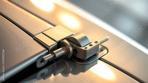 aileron. Close-up of an aircraft aileron's hinge and actuator, polished metal surface. mobility guides, transit brochures, designed for mobility and urban transit guides, used by bi analysts.