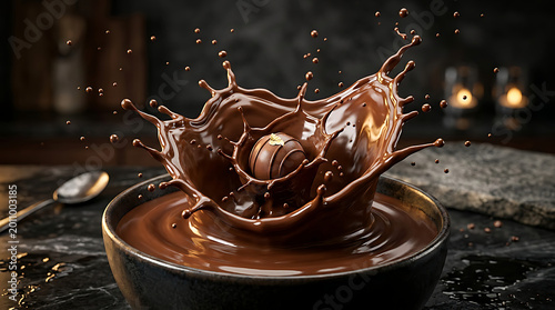 Chocolate truffle falling into a bowl of melted chocolate