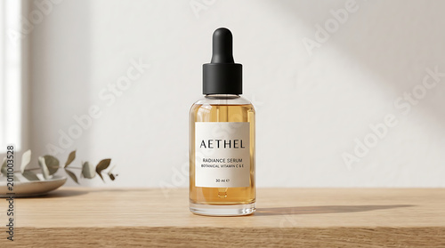 Aethel radiance serum bottle on wooden table