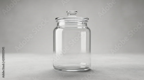 Empty glass jar with lid on a gray background