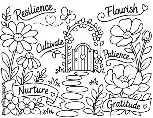 black and white floral line art. relaxing coloring page for adults with uplifting words. ready to print on standard 8.5x11 inch paper.