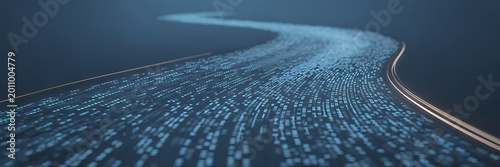 Digital data stream flowing through a futuristic curved pathway with blue binary code on a dark background