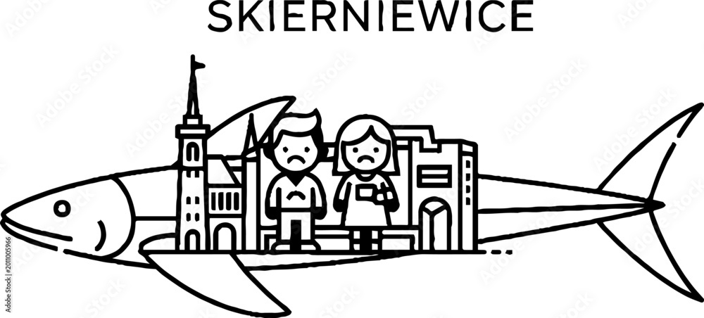 Naklejka premium Town Skyline and People Contained Within a Fish Shape