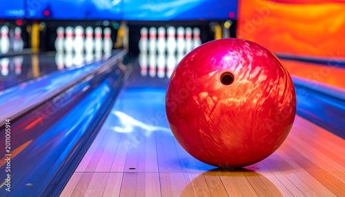 Red bowling ball on lane facing pins illuminated lights
