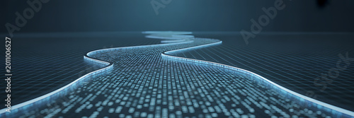 Digital wave of binary code on grid background with glowing blue lines and pixels