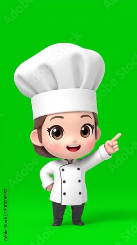 A cheerful cartoon chef in uniform stands against a green background