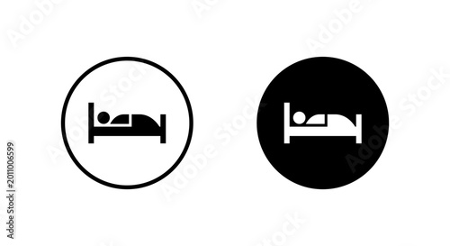 Sleeping bed icon in black circle. Sleep rest symbol. Bedtime and relaxation comfort sign