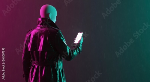 Mysterious Figure in Trench Coat Illuminated by Smartphone Light.