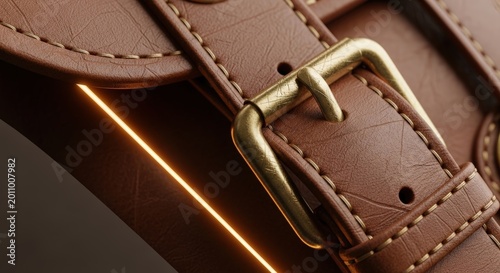 Brown leather belt with gold buckle.