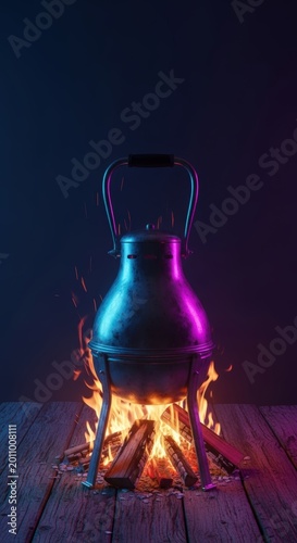 Kettle on campfire at night outdoors.