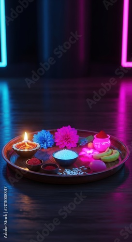 Diwali festival colorful candles and flowers.
