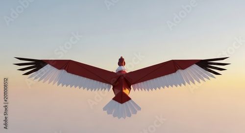 Brown bird flying in sunset sky.