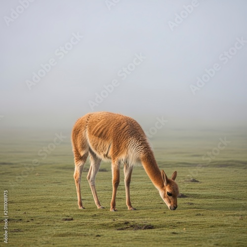 Vicu?a grazing on green grassy plain.