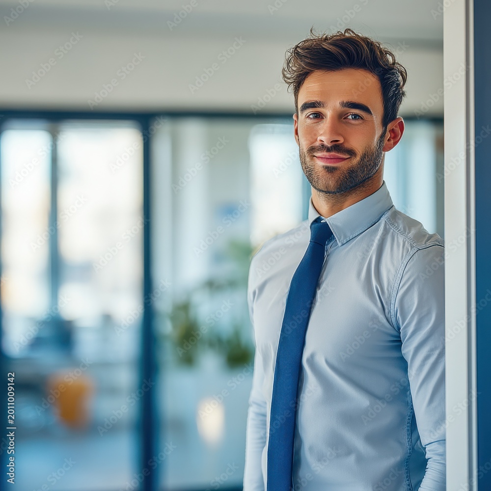 Fototapeta premium Confident bearded businessman standing in the entrance of a modern architectural office building