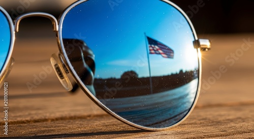 American flag reflected in sunglasses.