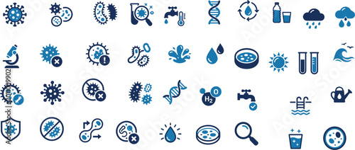 Set of science and water safety icons featuring bacteria viruses microbes clean drinking water and laboratory research elements