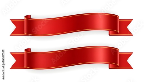 Red Curved Ribbon Banner Set With Gold Trim Silk Satin Flag Isolated On White Background Decorative Empty Header Label Decor