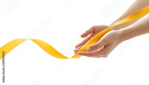 Hands Holding Flowing Yellow Ribbon Isolated On White Background Satin Tape Support Symbol Hope Concept Awareness Charity