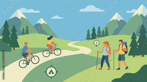 People hike and bike on a mountain trail with scenic views of snow-capped mountains