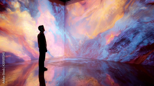 Silhouette of a Person Standing in Front of a Large Immersive Digital Art Installation with Swirling Abstract Colors, Modern Art Gallery Exhibition Experience