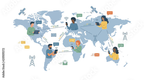 People from different cultures interact on a global map with communication lines