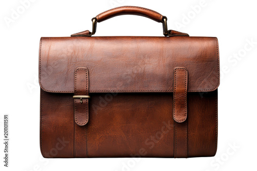 Brown leather briefcase with brass buckle and handle on black background vintage