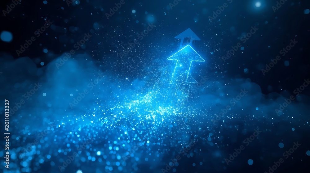 Naklejka premium An abstract tech scene filled with cascading blue directional markers drifting upward through a sparkling, data-like mist, creating a sense of progress and forward in a high-gloss digital environment