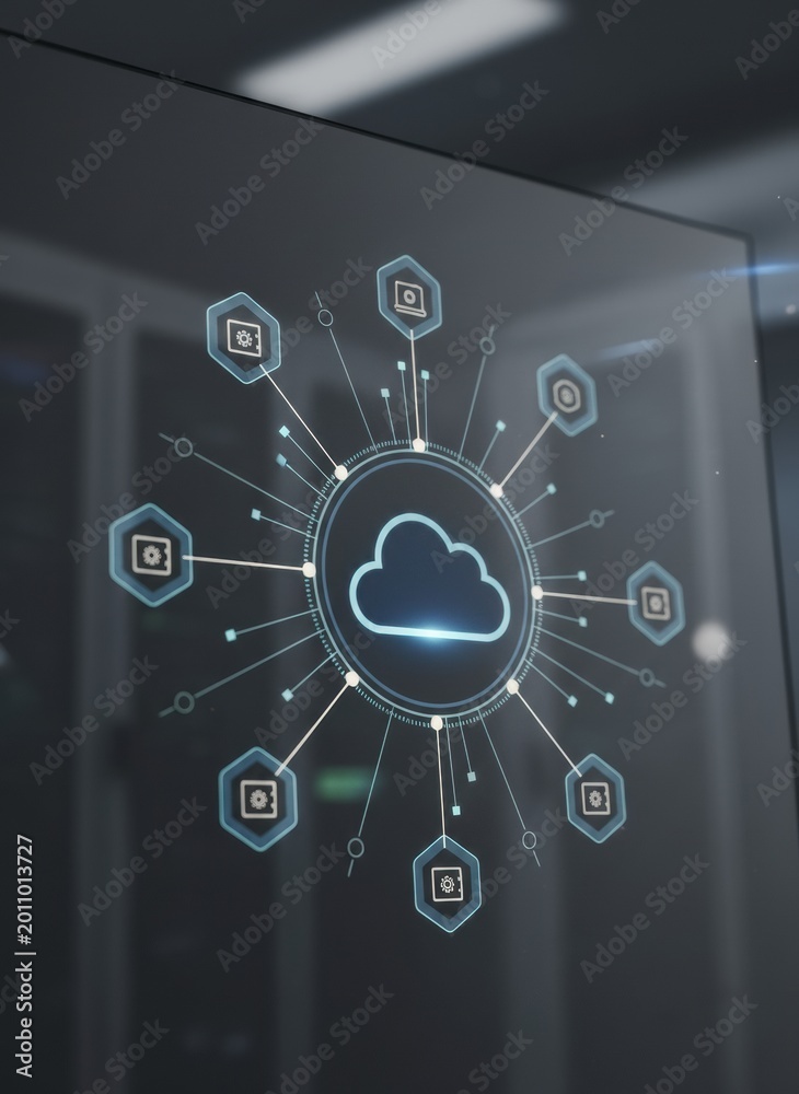 Fototapeta premium Cloud computing digital interface with network service nodes on a dark screen for enterprise infrastructure, data security marketing and technology strategy presentations