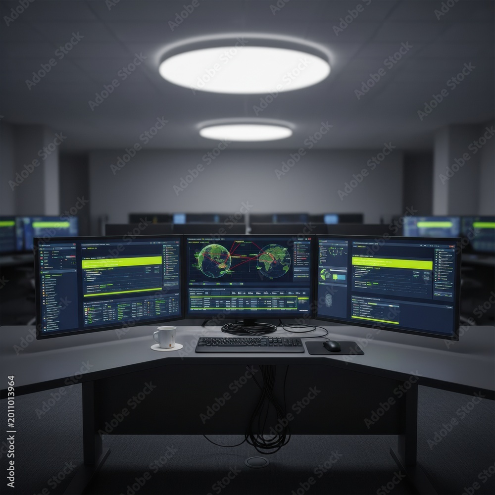 Fototapeta premium Security operations center workstation displaying cybersecurity dashboards on multiple monitors for threat monitoring, network defense and digital infrastructure security