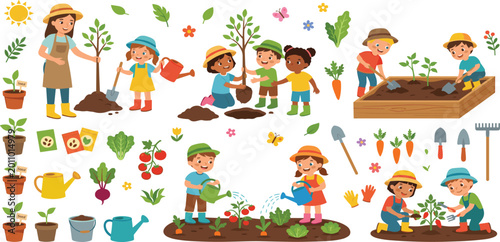Photos Children gardening and reforestation set with kids planting trees watering veget